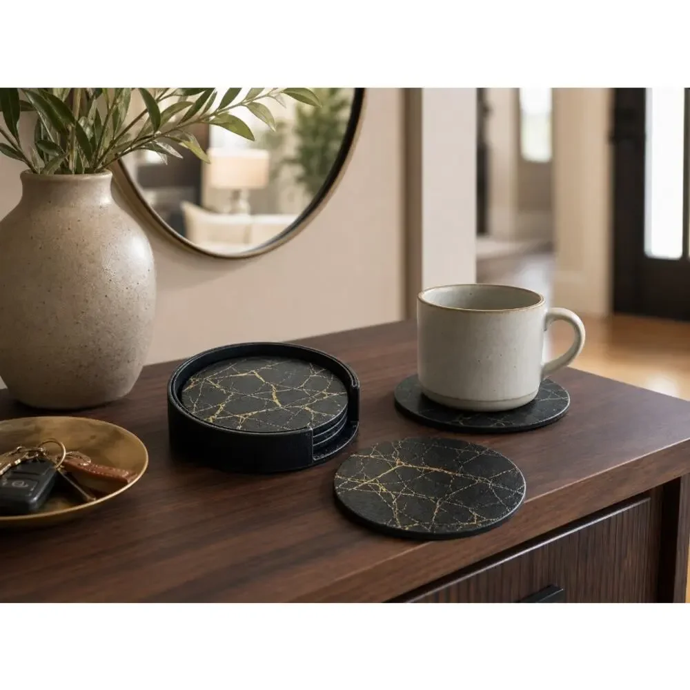 Black Gold Marble Double Sided PU Leather Coasters with Matching Storage Holder